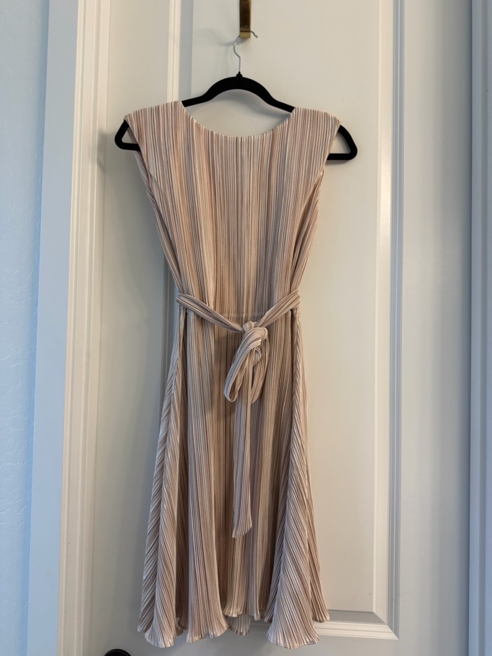 DKNY Beige Pleated Sleeveless Midi Dress with Self Tie